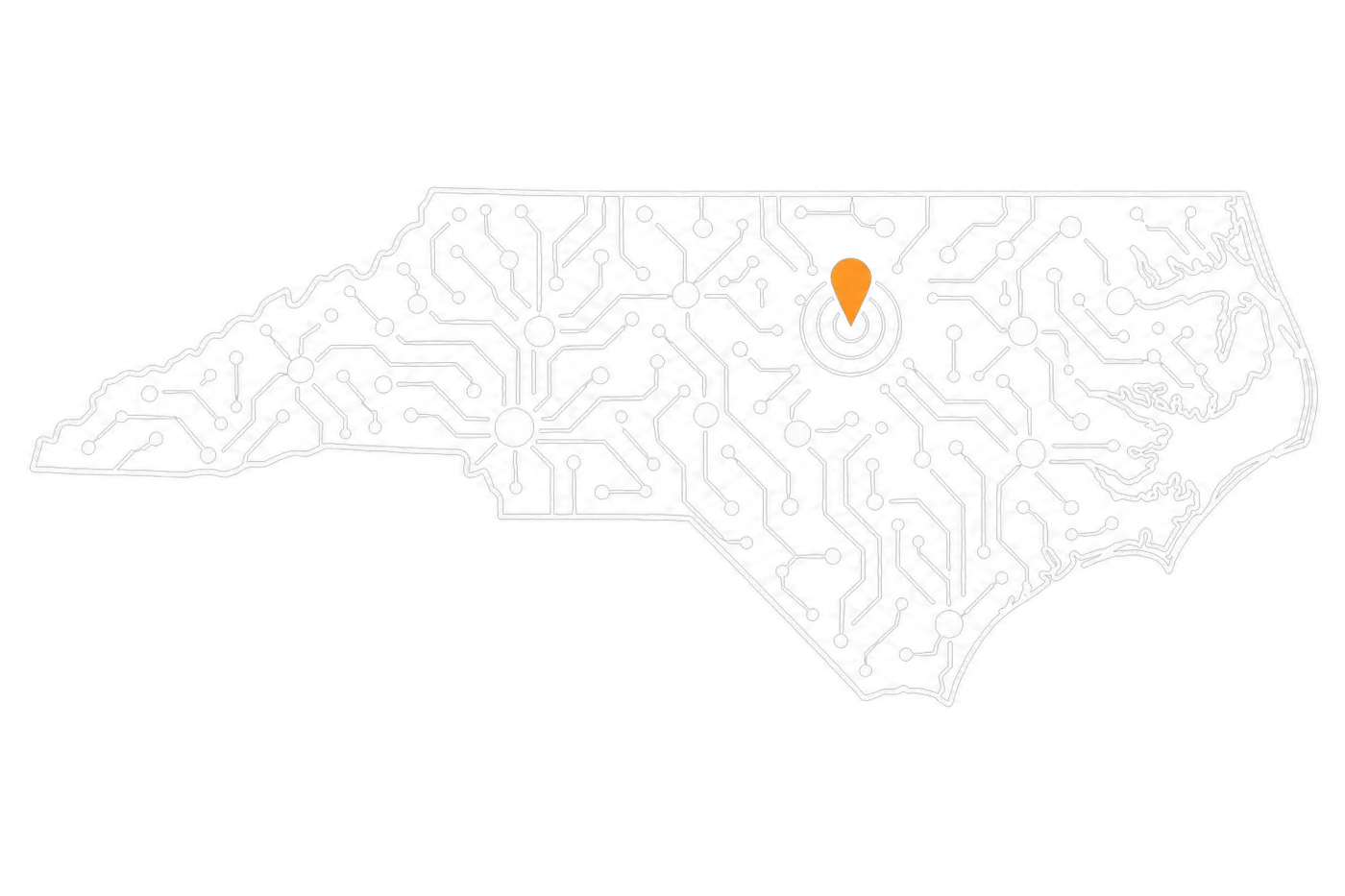 Circuit-board map of North Carolina with a pin on Durham